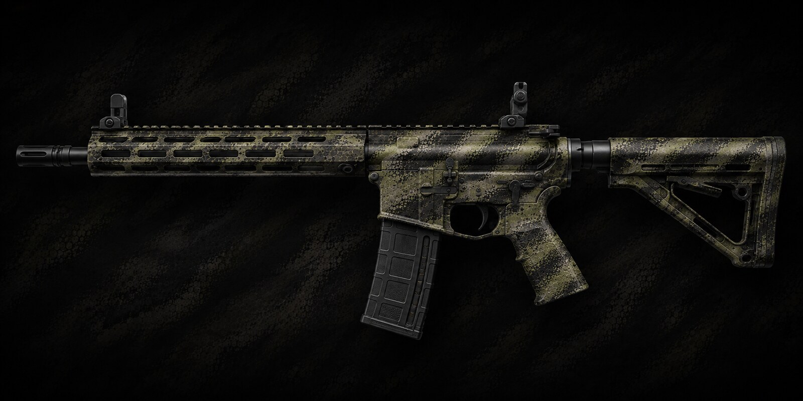 M&P 15-22 style rifle finished with a camouflage gun wrap