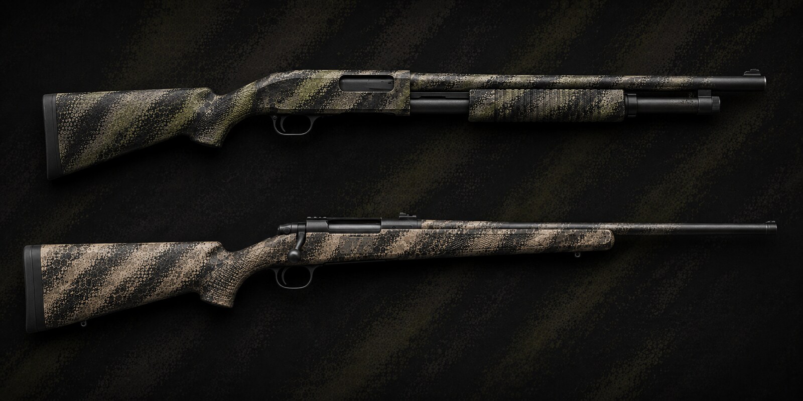Shotgun and traditional rifle finished with camouflage gun wraps