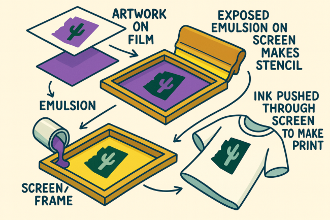 Screen printing process: artwork to film, emulsion, screen, to print
